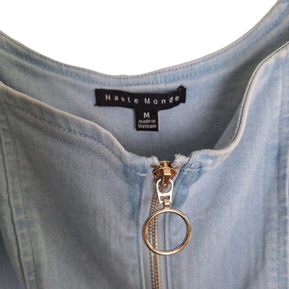 Haute Monde Denim Spring Mini Dress Front Zipper & Puff Short Sleeves M - Picture 2 of 12